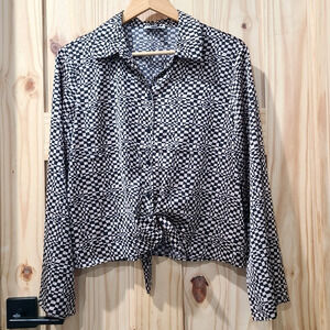 Maison D Amelie Paris Satin Button Tie Long Sleeve Top Abstract Geometric Size L